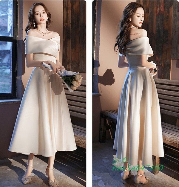 オフショルダー 結婚式 パーティードレス 成人式 同窓会 二次会 お呼ばれドレス二次会 ゲストドレス シンプル 袖あり着痩せ プリンセス hax5a847490