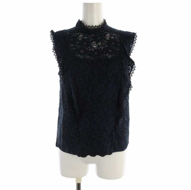 アルアバイル allureville タグ付き ブラウス カットソー 総レース フリル インナーキャミ付き バンドカラー ノースリーブ 2 M 紺 ネイビー /RO