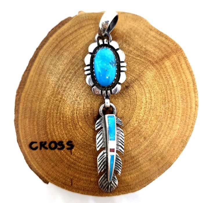 rym-187 ペンダントトップ ターコイズインレイフェザーインディアン
