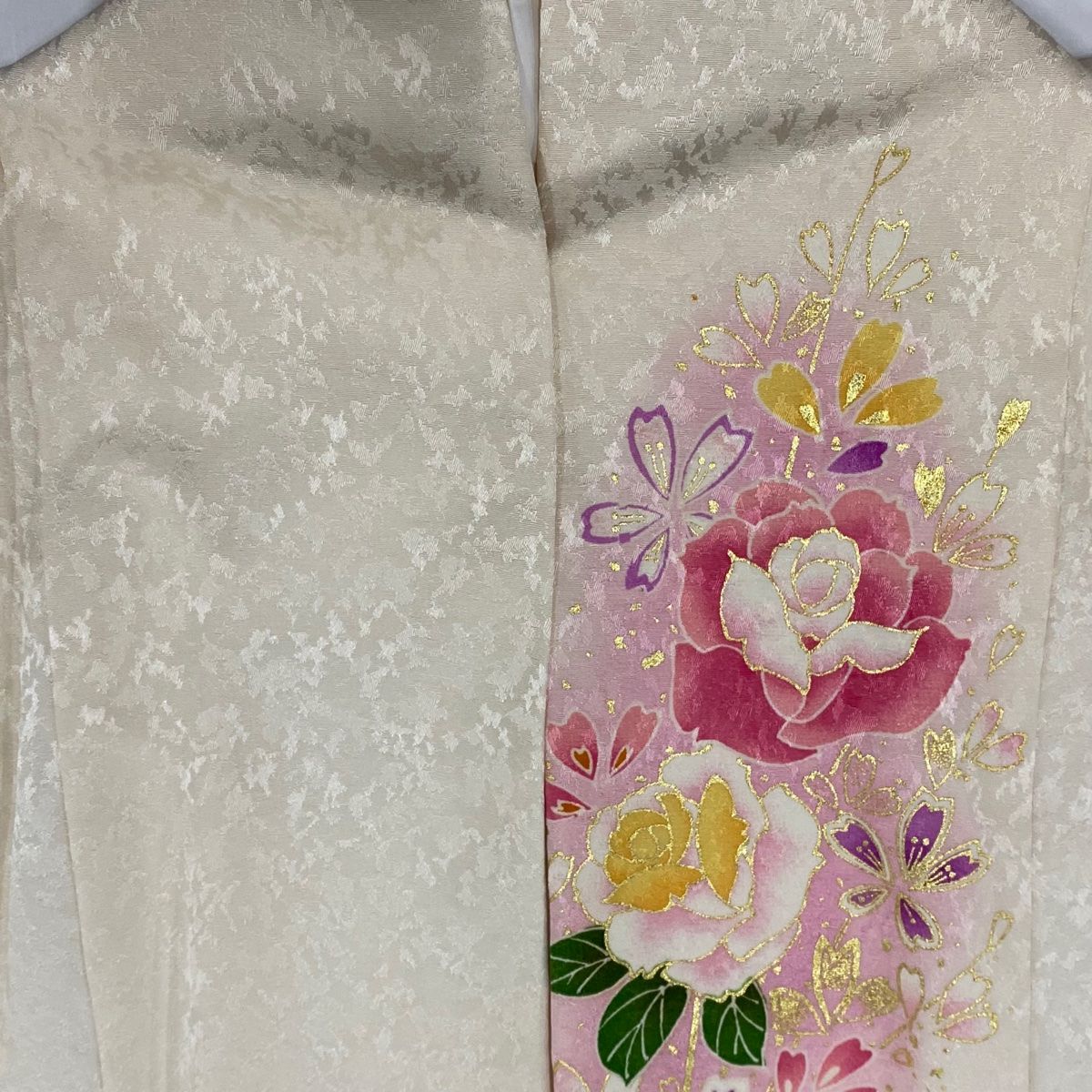 振袖 身丈167.5cm 裄丈67cm M 袷 手鞠 草花 金彩 金糸 クリーム 正絹 美 
