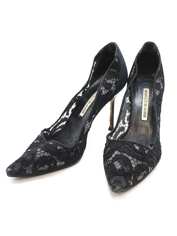【Manolo Blahnik】レース黒 ハイヒール (37.5) MANOLO BLAHNIK マノロブラニク レースパンプス ブラック 38 1/2