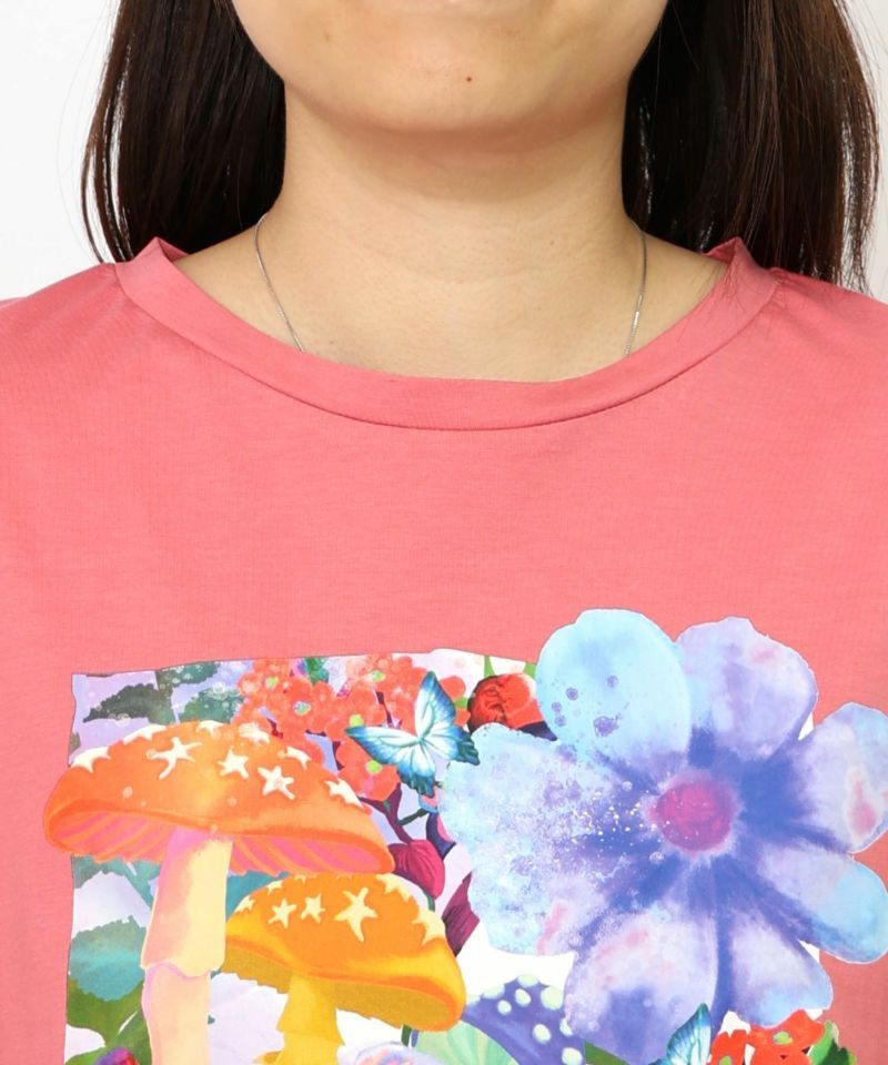 ScoLar スカラー ネコ 花 キノコ柄 接触冷感 Tシャツ 夏 レディース 半袖 おしゃれ カットソー セール】152689：ネコ花キノコ柄 接触冷感Tシャツ（Tシャツ