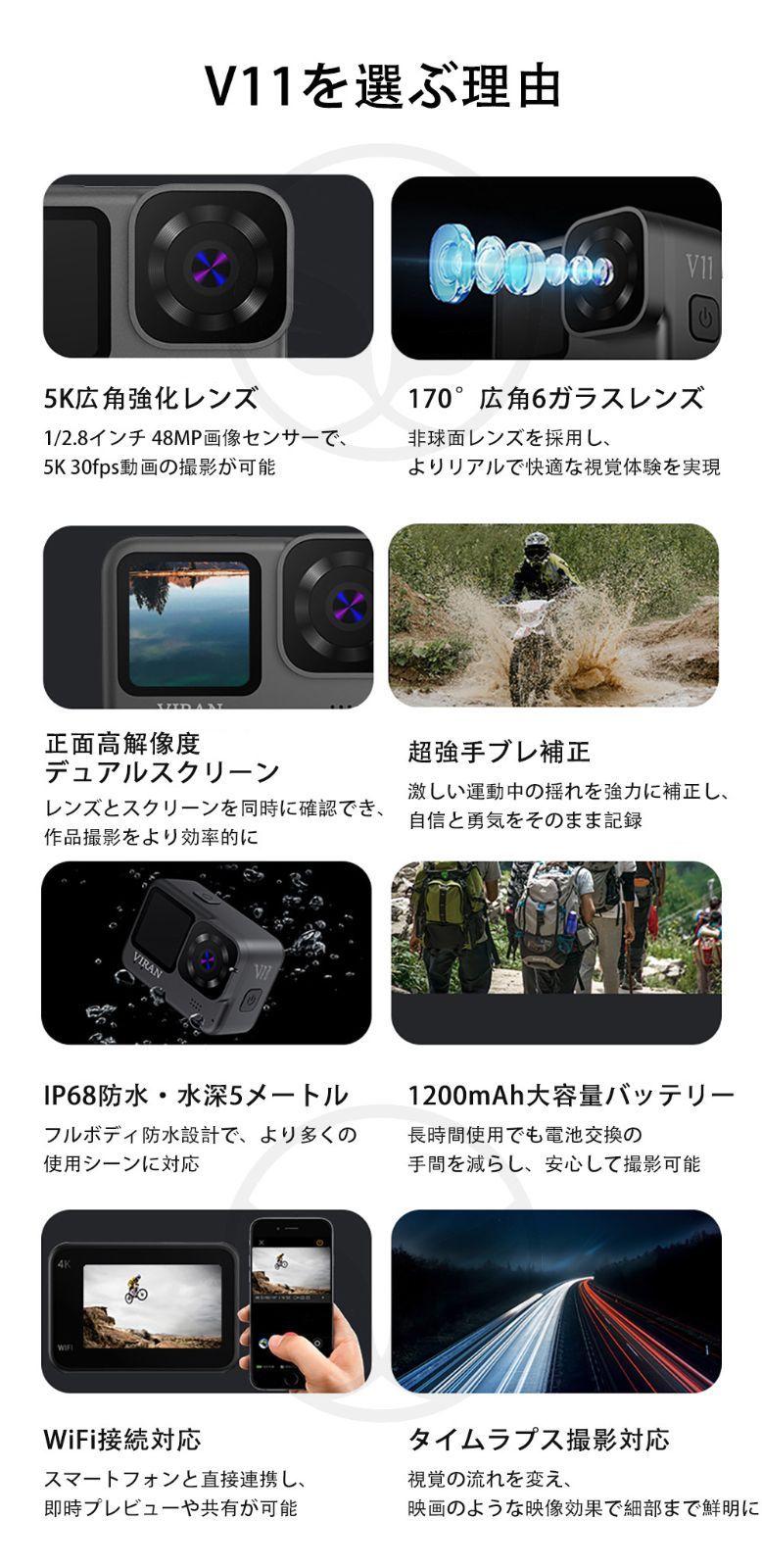 5K超高清デュアルスクリーンアクションカメラ｜IP68防水 手ブレ補正