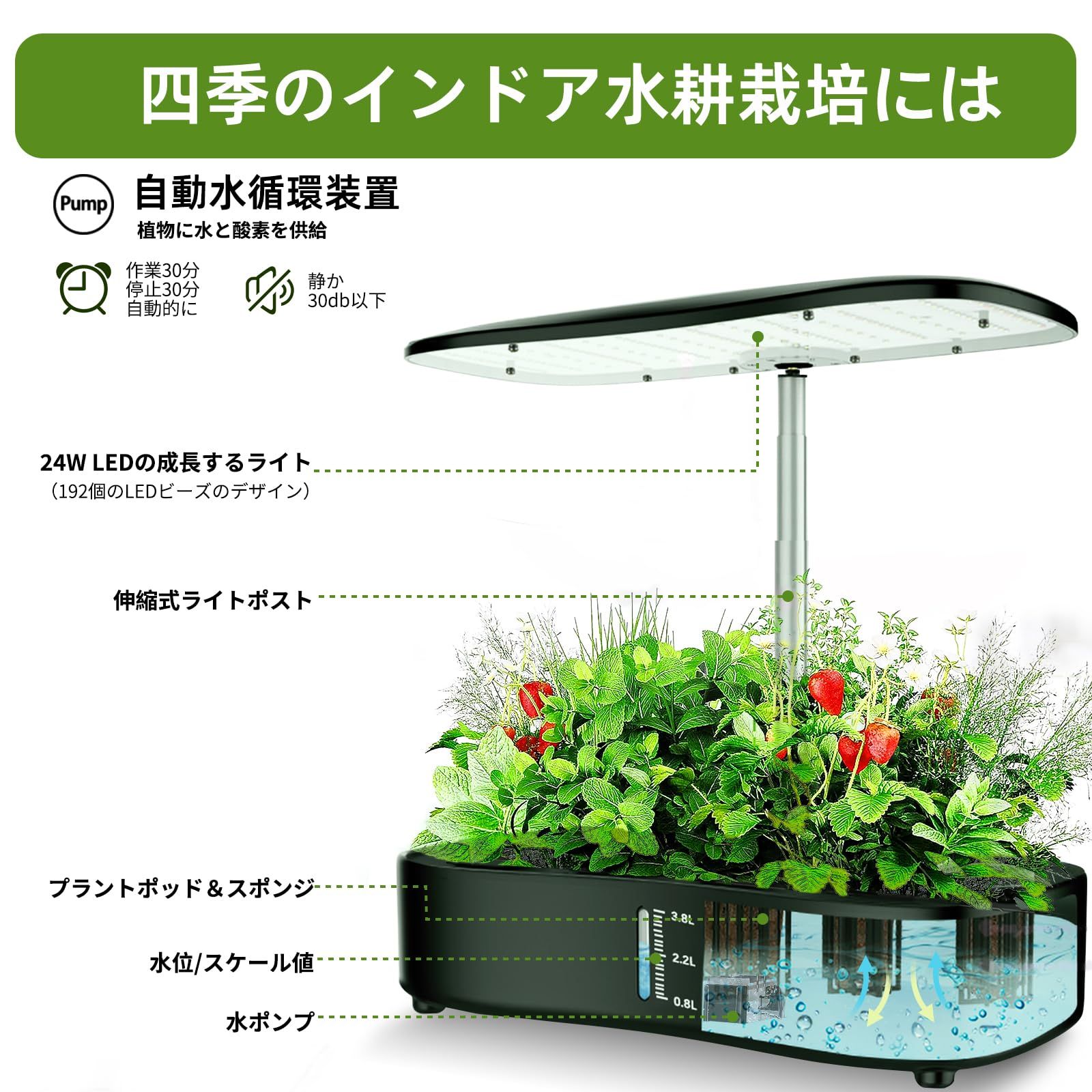 迅速発送】水耕栽培キット、LED植物成長ライトと智能表示器を搭載し、簡単に操作できます。自動水循環システムとタイミング機能により、3つの栽培 モードが提供され、12種類の植物を栽培できます。栽培キットの高さと照明亮度は、植物の生期に応じて調整できます。これに ...