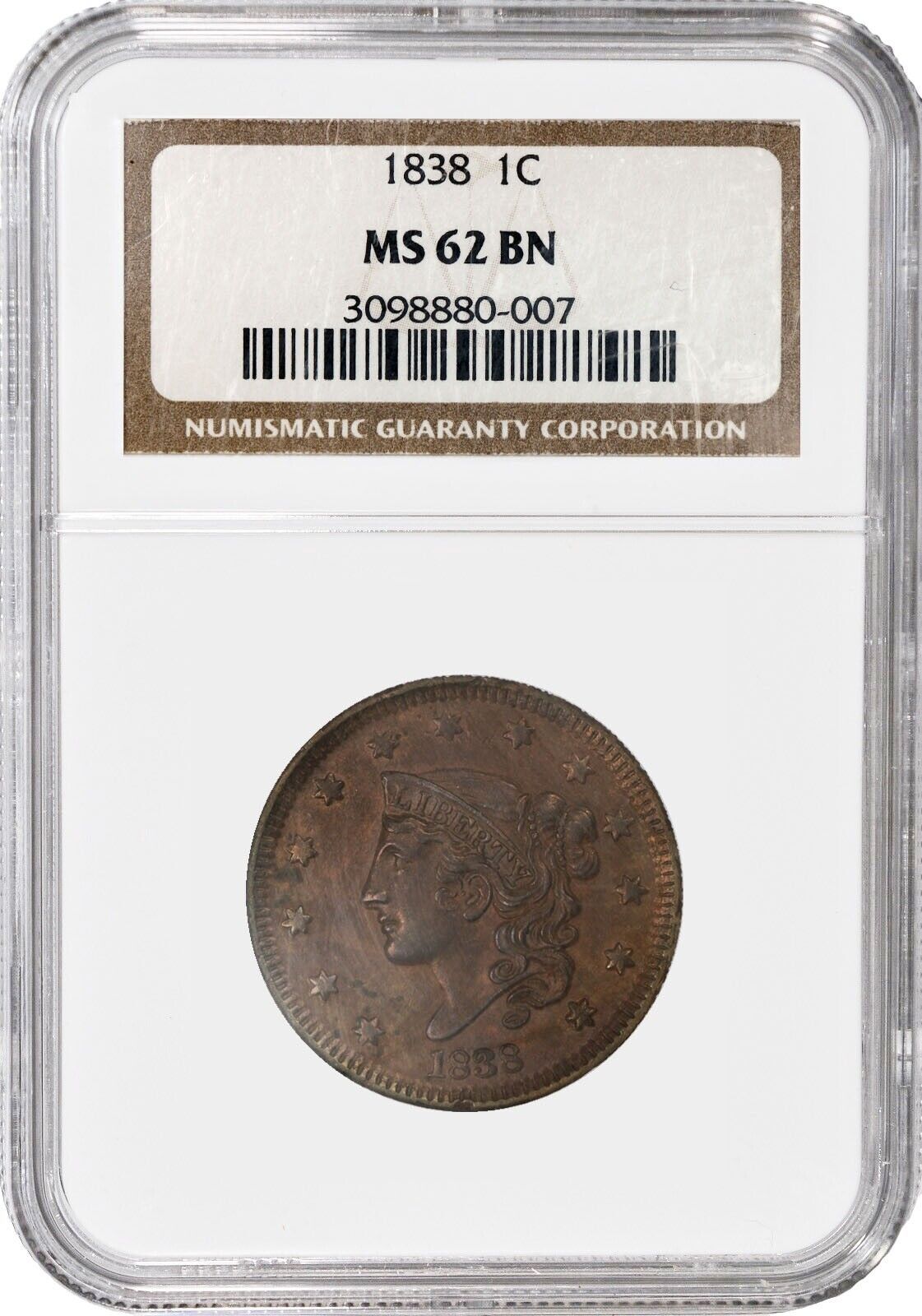 1838 1C Cort Young Matron Head Large Cent NGC MS62 BN Brown Uncirculated Coin