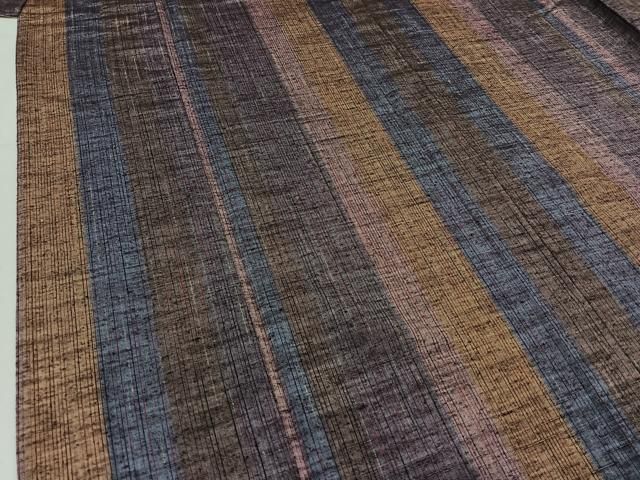 平和屋着物▽手織紅彩紬 単衣 花織 幾何学文様 反端付き 正絹 逸品