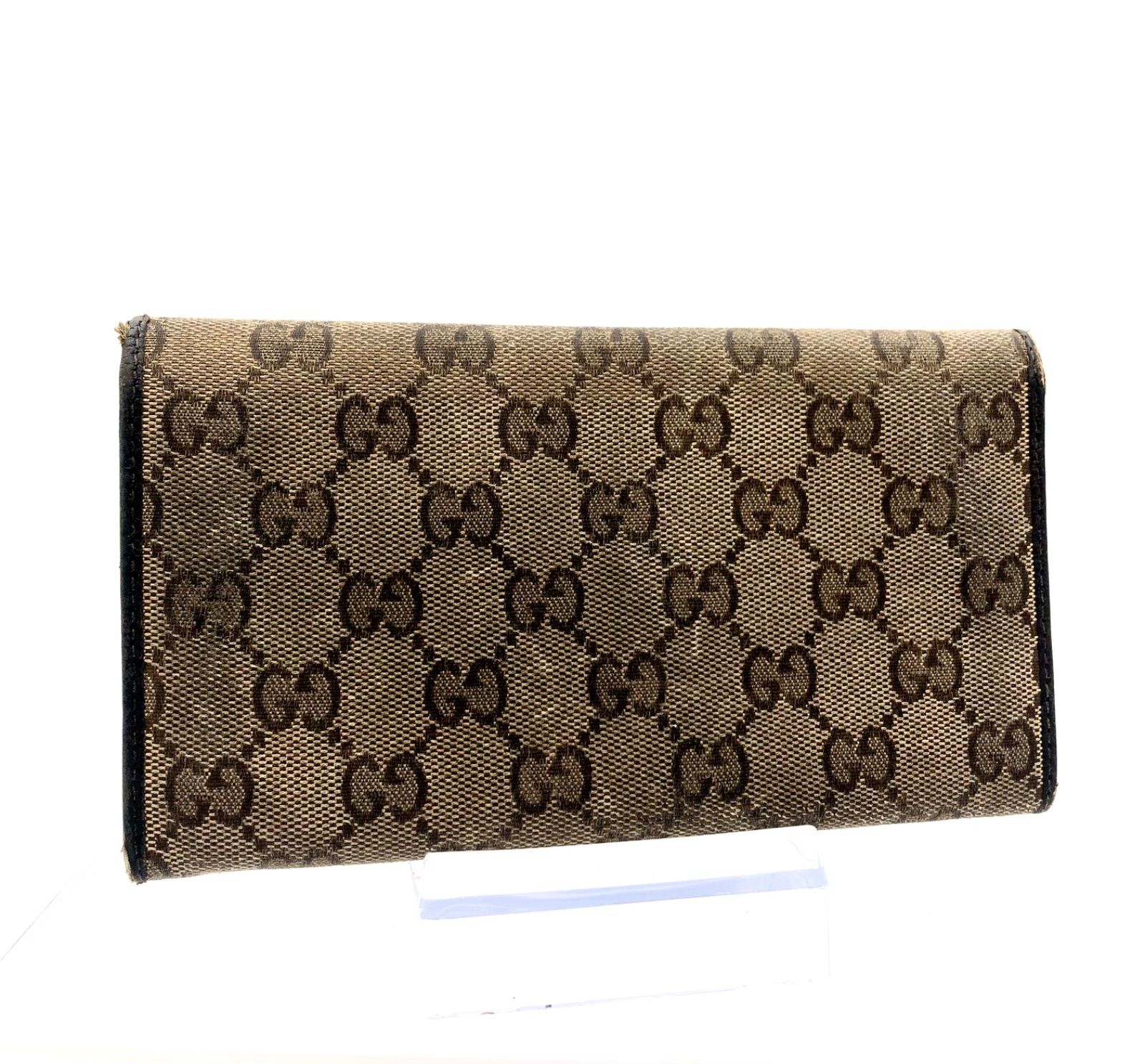 GUCCI グッチ GGキャンバス×レザー 長財布 ブラウン ロゴプレート