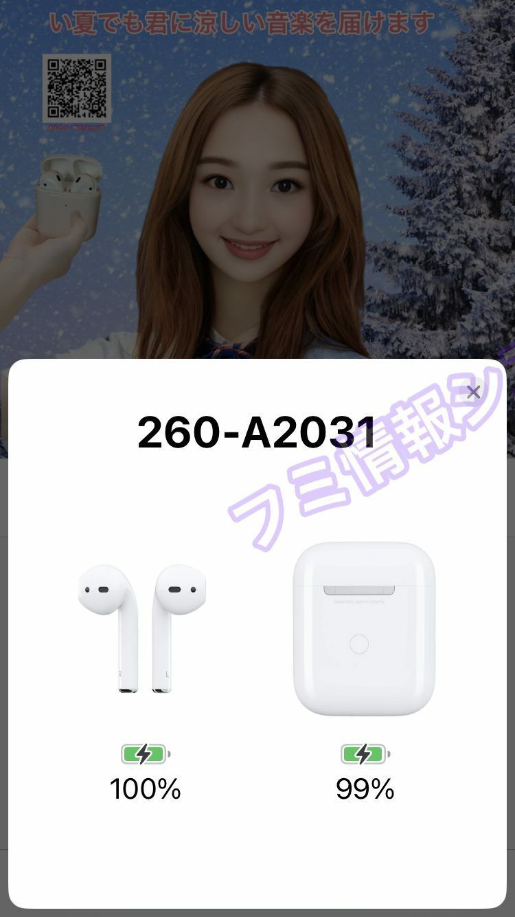 Apple AirPods右耳/A2032/第２世代/電池３時間/左耳A2031とペア用/動作