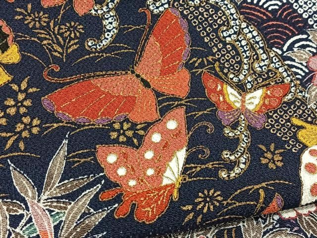 平和屋着物□上質な小紋 流水花蝶文 金彩 鬼しぼ縮緬 正絹 逸品