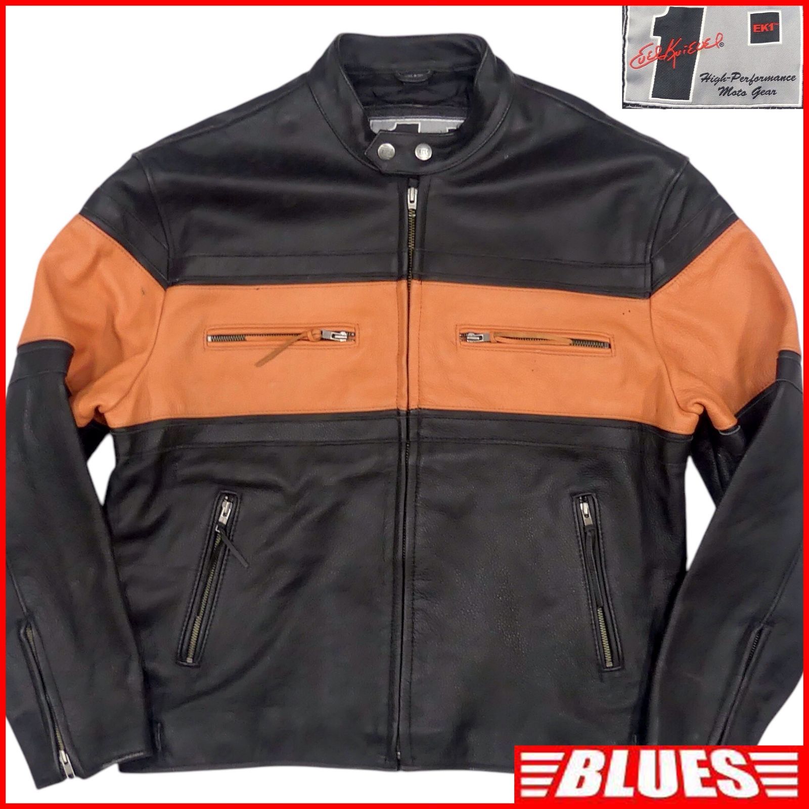 EK１ イーケーワン ライダースジャケット XL 本革 シングル メンズ レザー 黒 オレンジ バイク レザーライダースジャケットXL一覧←SEULB屋着古← X7852
