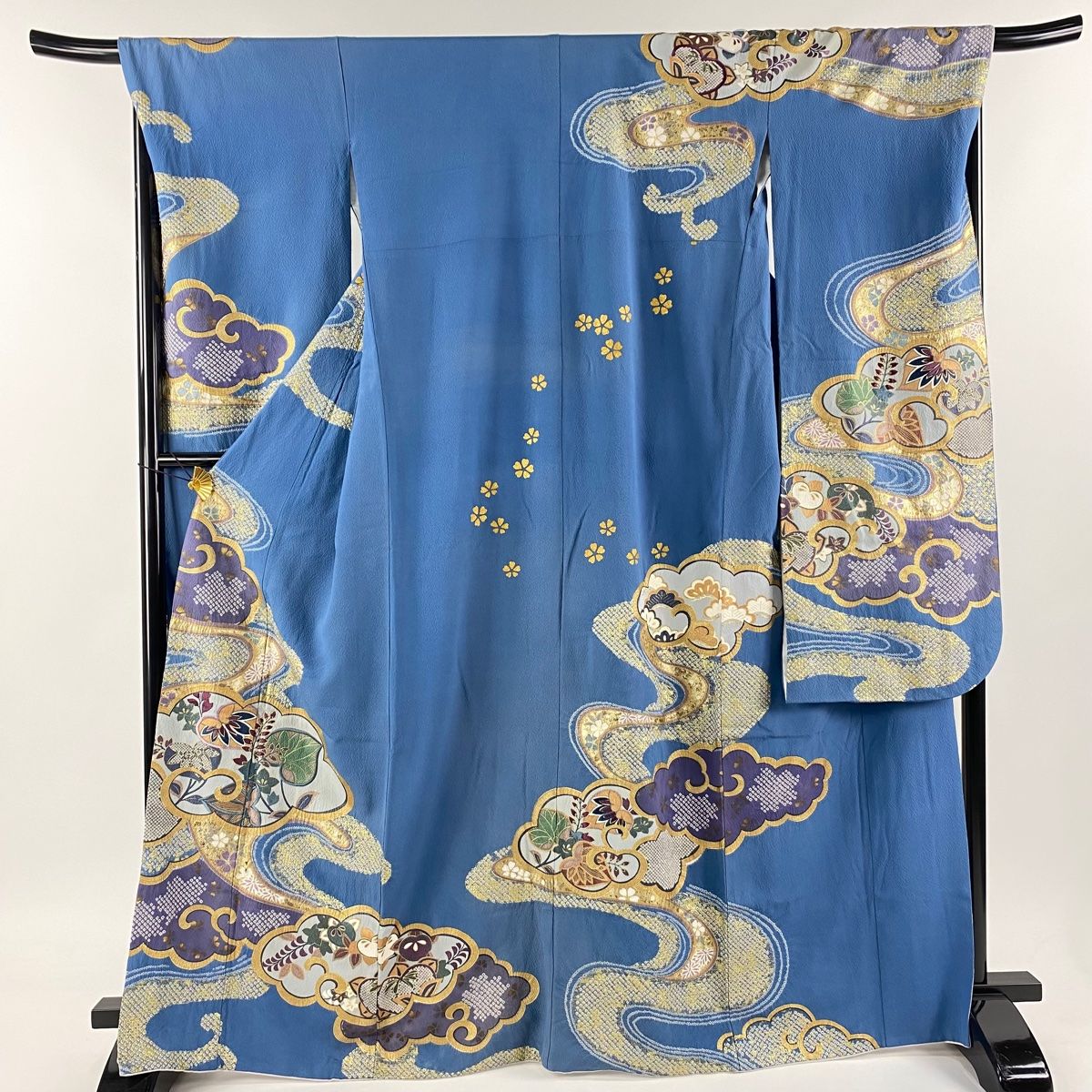 振袖 身丈165.5cm 裄丈68.5cm L 袷 雲文 葵 絞り 刺繍 青灰色 正絹 名品