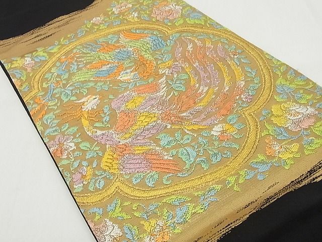 平和屋本店□極上 龍村美術織物 龍村製 六通柄 本袋帯 双鳳華文 黒地  