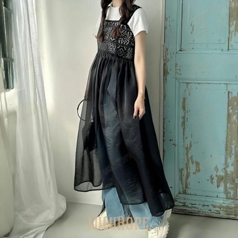 anuans ダブルストラップナローキャミワンピース ブラック S ア