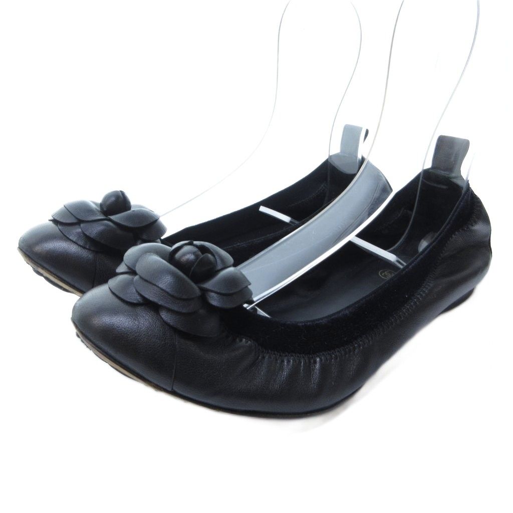 シャネル CHANEL カメリア レザー バレエシューズ フラットシューズ 黒 ブラック 約24.5cm IBO81