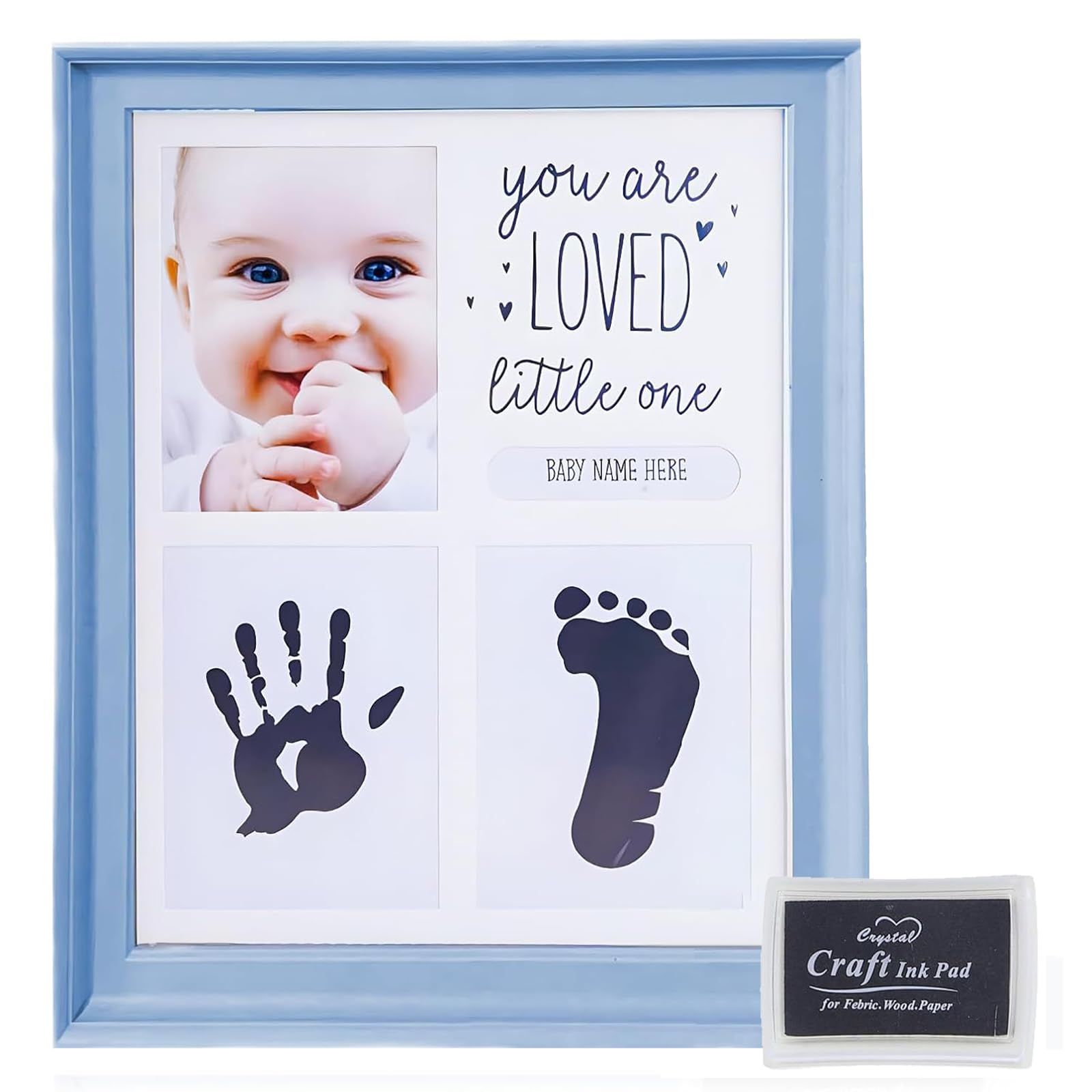 TokTech ベビーフォトフレーム 赤ちゃん 手形 足形キット ベビーフレーム 手形スタンプ フォトフレーム 命名書 出産祝い 成長記録 新生児 1歳 内祝い 猫犬手足型 ギフト ブルー
