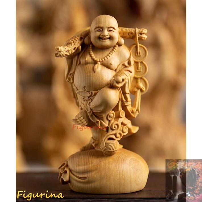 仏像 木彫り 布袋様の置物 高級天然ツゲ木彫り 金運 お守り(Size:高さ