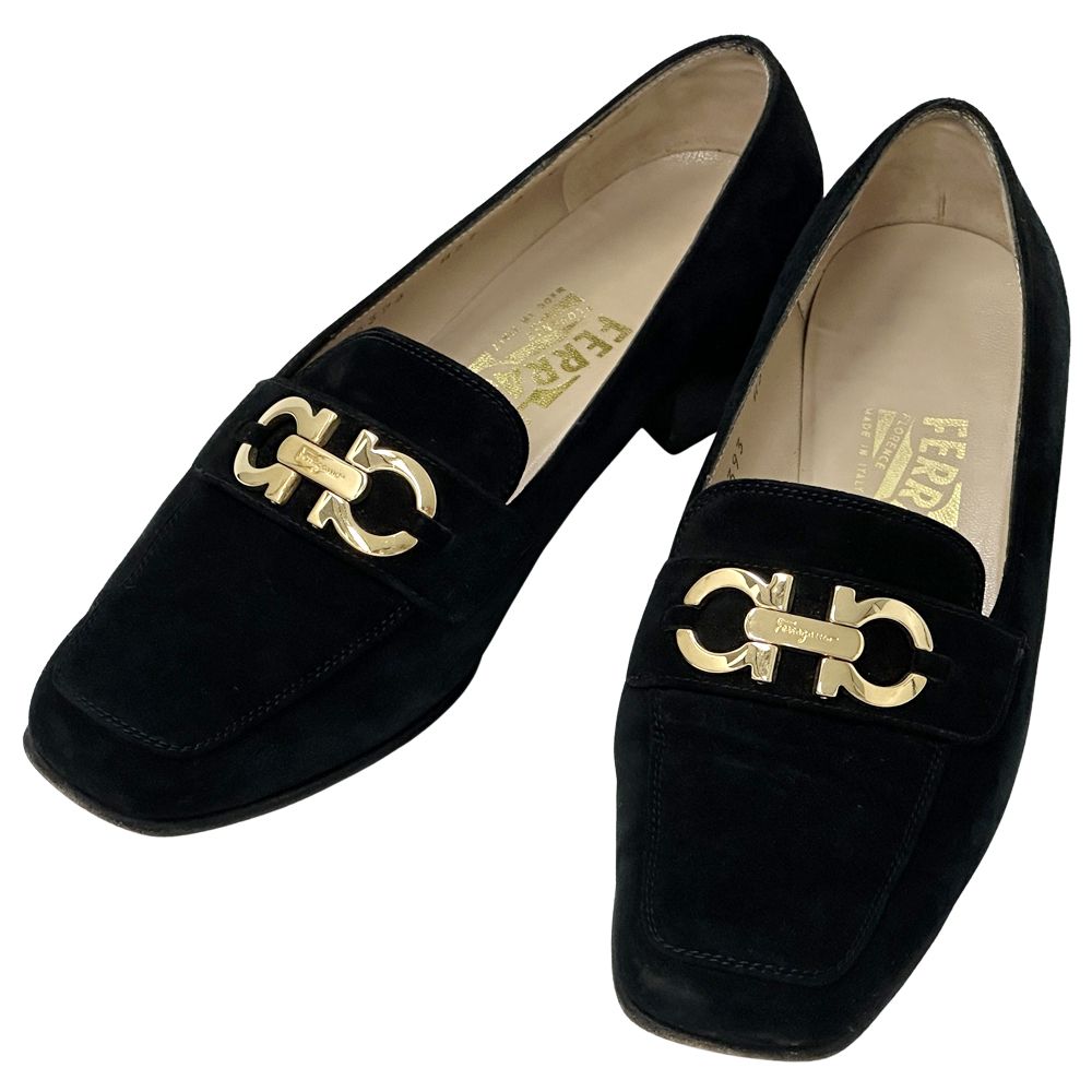 フェラガモ Ferragamo 革靴 レディース ブランド ダブルガンチーニ ローファー スエード ブラック ゴールド金具 サイズ6 23.5cm相当