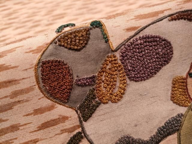 平和屋着物○中国三大刺繍 スワトウ相良刺繍 総刺繍 太鼓柄袋帯 紬地