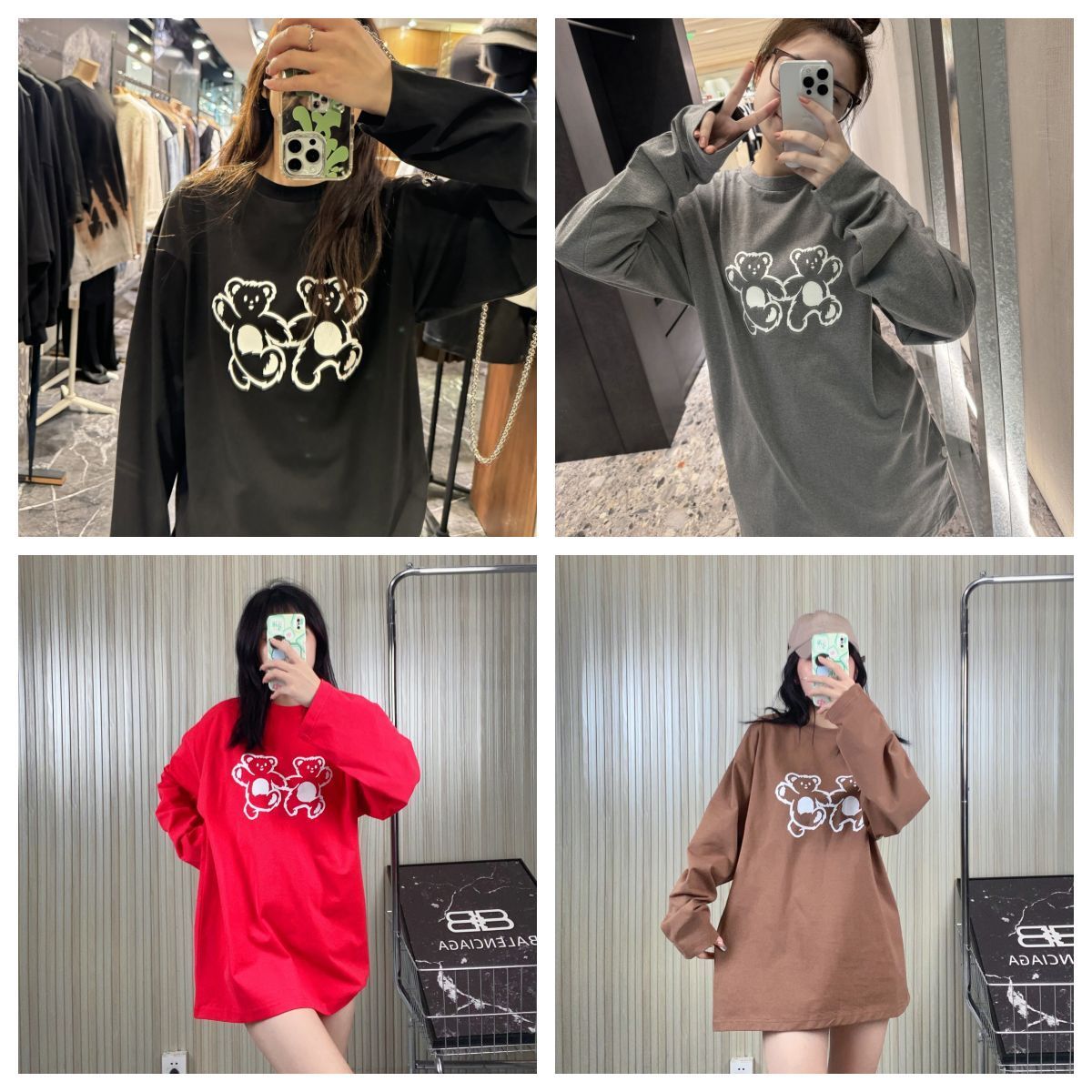ＷE11 DONE 男女兼用　ダブルヤーンコットン生地 カジュアルかわいいクマと手をつないでいるプリントの長袖Tシャツ