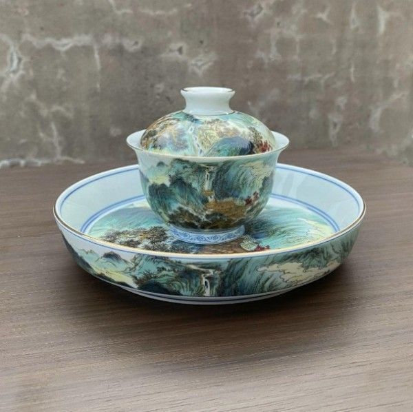 中国茶器 七承堂可懸停山居払雲図三才蓋碗 茶杯 茶碗 煎茶道具 新品未使用 新品】中国茶器 七承堂可懸停山居払雲図三才蓋碗 茶杯 茶碗 煎茶