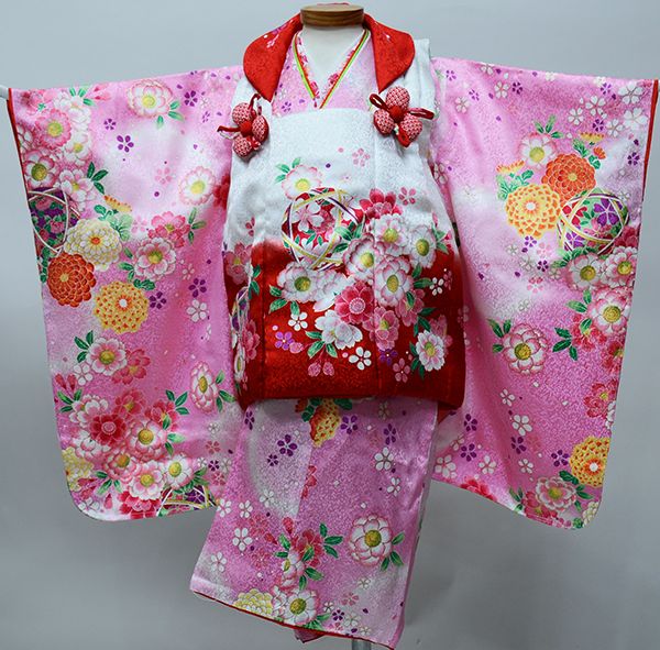 アンティーク着物 子供用 しつけ付 鳳凰・花模様 地紋 正絹 No.35