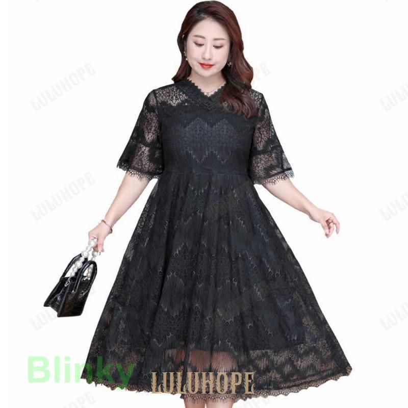 パーティードレス 大きいサイズ 5l 6l 7l 8l 9l 結婚式ワンピース 袖あり ミモレ丈 半袖 総レース Vネック 黒 謝恩会 同窓会 発表会 パーティードレス