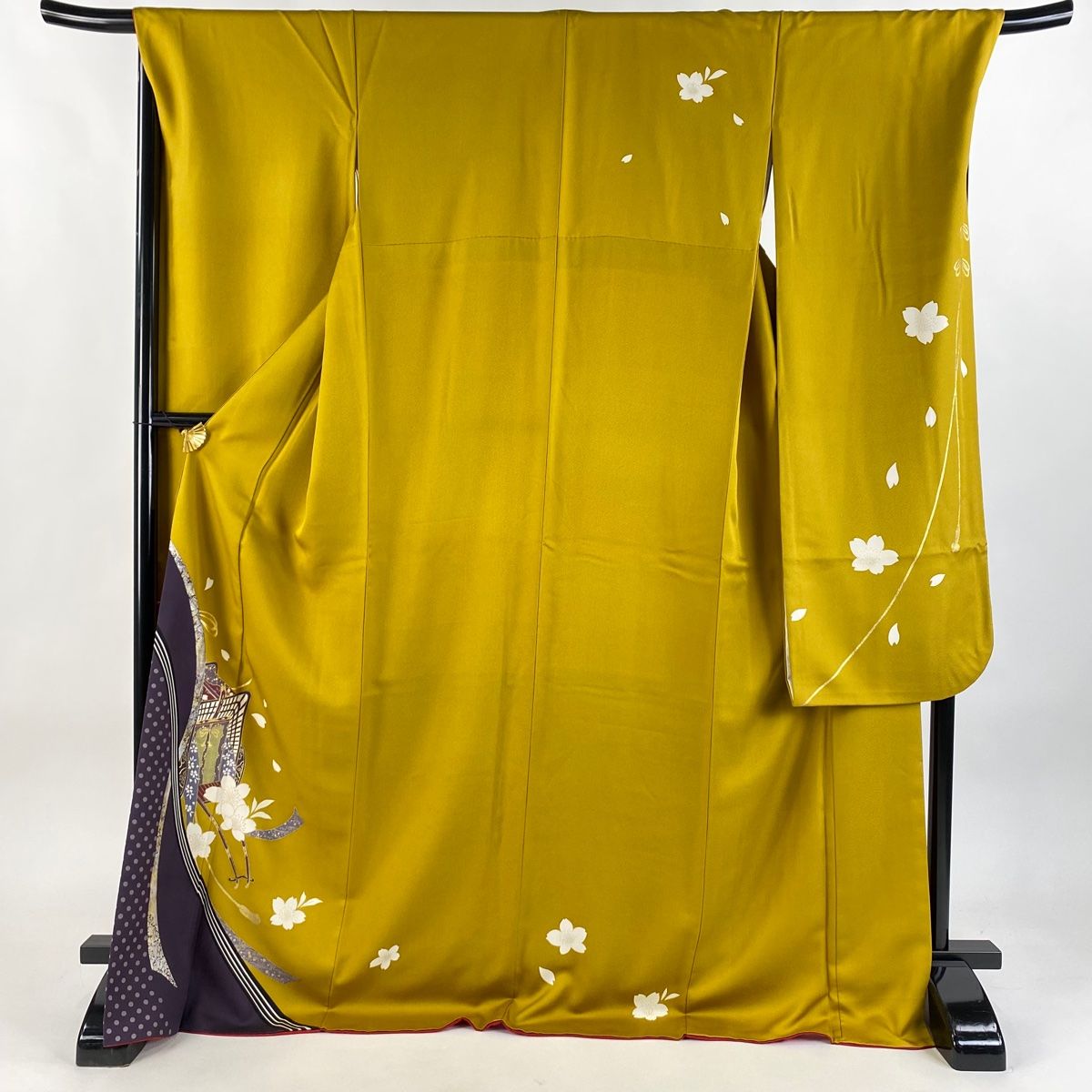 振袖 身丈174cm 裄丈69.5cm L 袷 御所車 桜 金銀彩 からし色 正絹 秀品