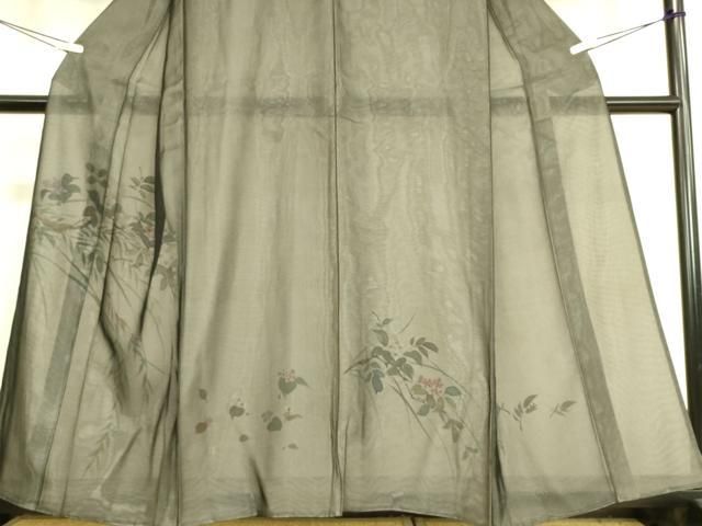 平和屋着物▽訪問着 無双 紗袷 紗×絽 草花文 手描き 黒地 正絹 逸品