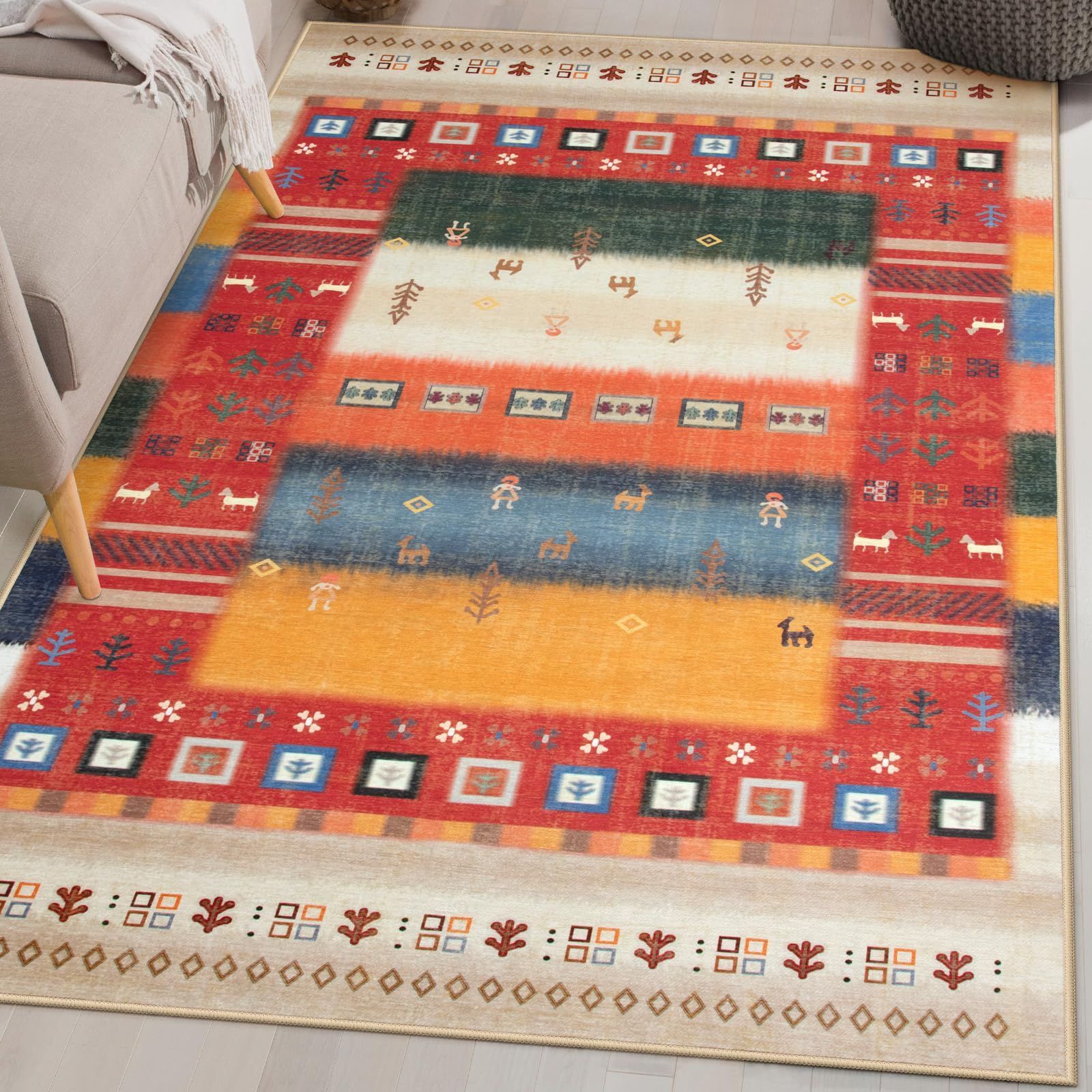 0.7畳 エスニック風 ラグマット 民族 カーペット対応 滑り止め 洗える 床保護 防音 90х150cm 一人暮らし シェニール ラグ ラグ オールシーズン適用 耐磨耗性 軽量 HAOCOO ギャベ柄 カラフル