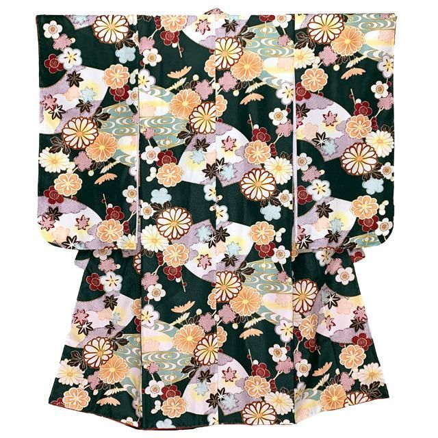 七五三 着物 7歳 女の子 フルセット 古典柄 総柄の子供着物セット 合繊 深緑系 扇と菊