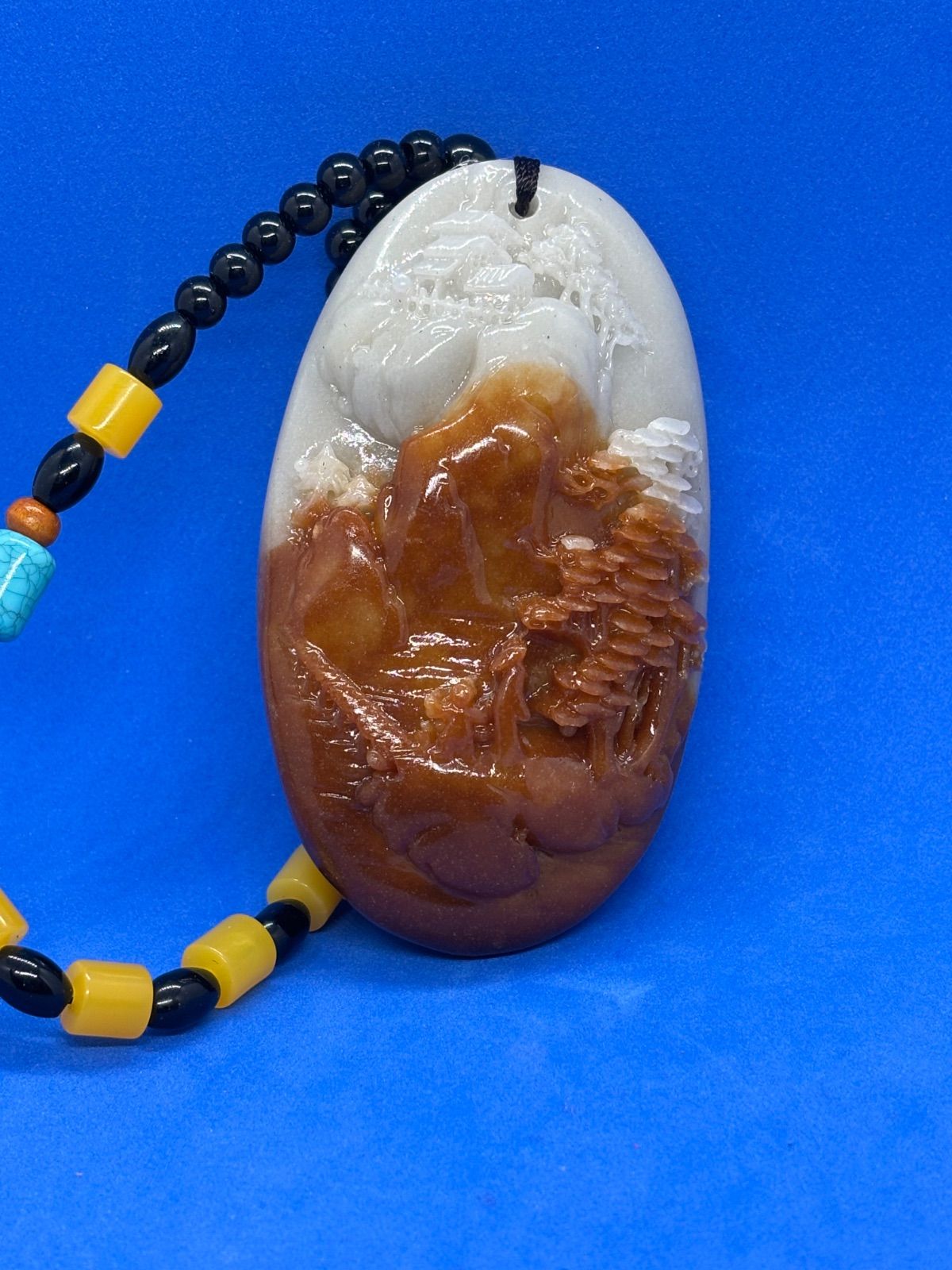 美 和田玉 糖料 精雕山水 手把件5340-1|6