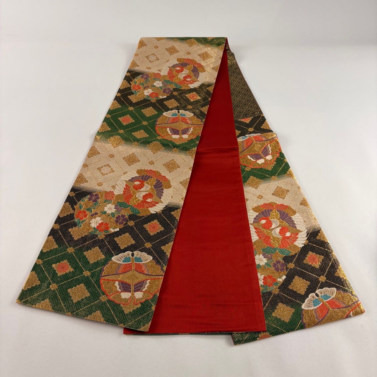 美品 老舗 いづくら謹製 唐織 正絹 袋帯 平和屋着物◎六通柄袋帯 唐織 本草木染 新正倉院錦 金糸 正絹
