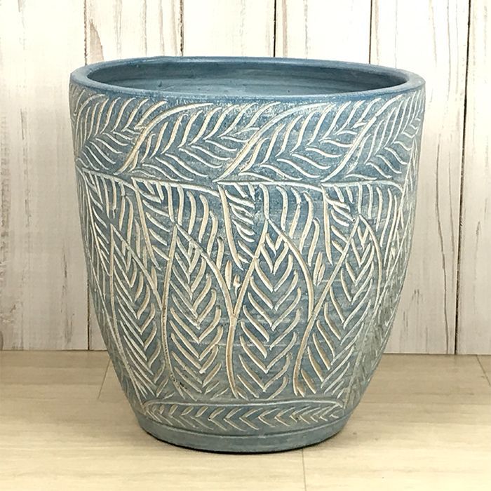 直径37cm リーフ柄 丸 深型 おしゃれ 植木鉢 大型 ブルー系 L 28リットル