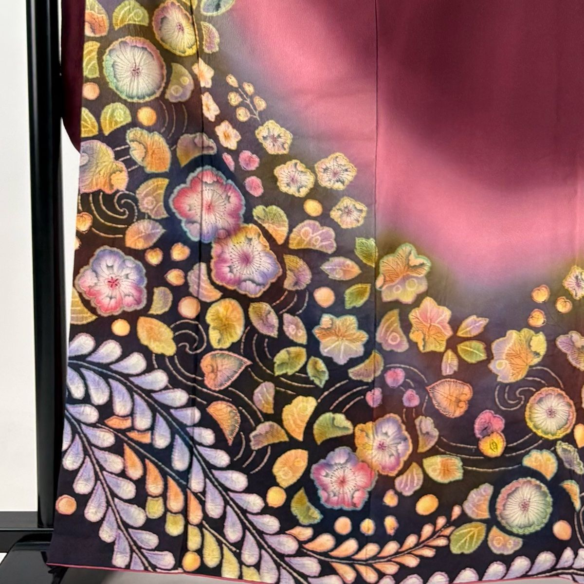 振袖 身丈160cm 裄丈66cm M 袷 御所車 草花 金糸 金彩 朱色 正絹 美品 名品 中古