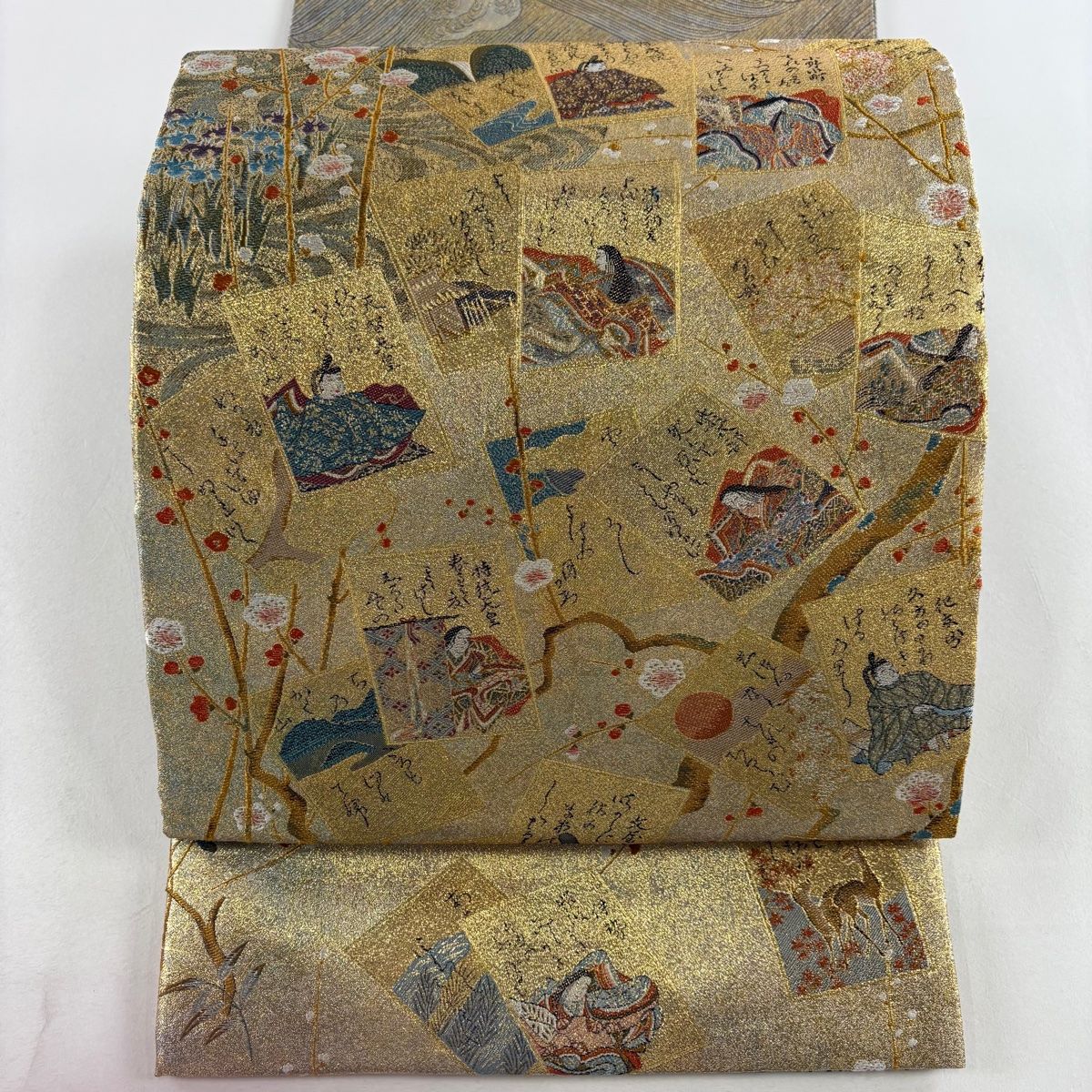 丸帯 リバーシブル 手先二通り 光琳かるた四季草花文 波 刺繍 箔 金色 全通 正絹