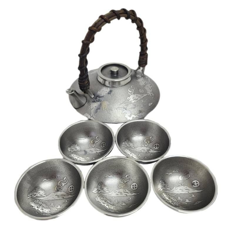 薩摩錫器 さつま 茶器セット 急須 盃×5 岩切 正錫 木箱付属 【中古】 22507K137 薩摩錫器 さつま 茶器セット 急須 盃×5 岩切 正錫 木箱付属