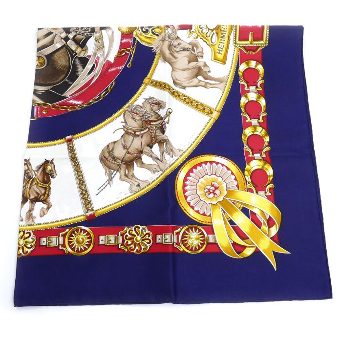 HERMES エルメス カレ90 CHEVAUX DE TRAIT 輓馬 スカーフ ネイビー