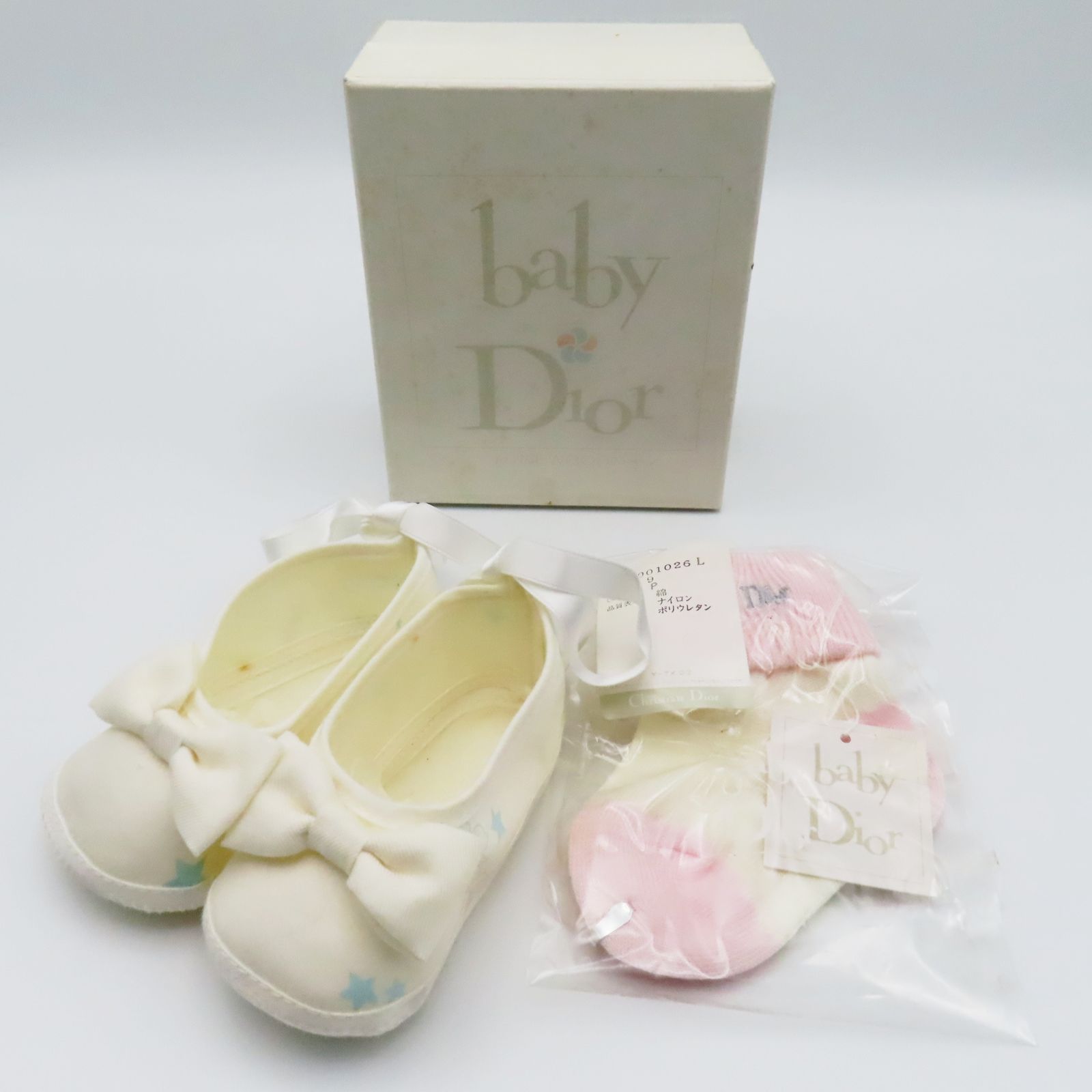 S11 babyDior ベビーディオール スター|天使柄 リボン付きキャンバス ファーストシューズ|靴下2点セット サイズ11 サイズ9 ホワイト|ピンク