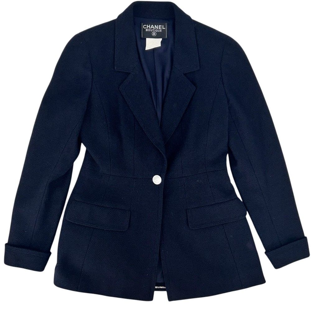 シャネル アウター レディース ロングジャケット ヴィンテージ アパレル 服 CHANEL 40 ネイビー 紺 ウール ナイロン 春 秋