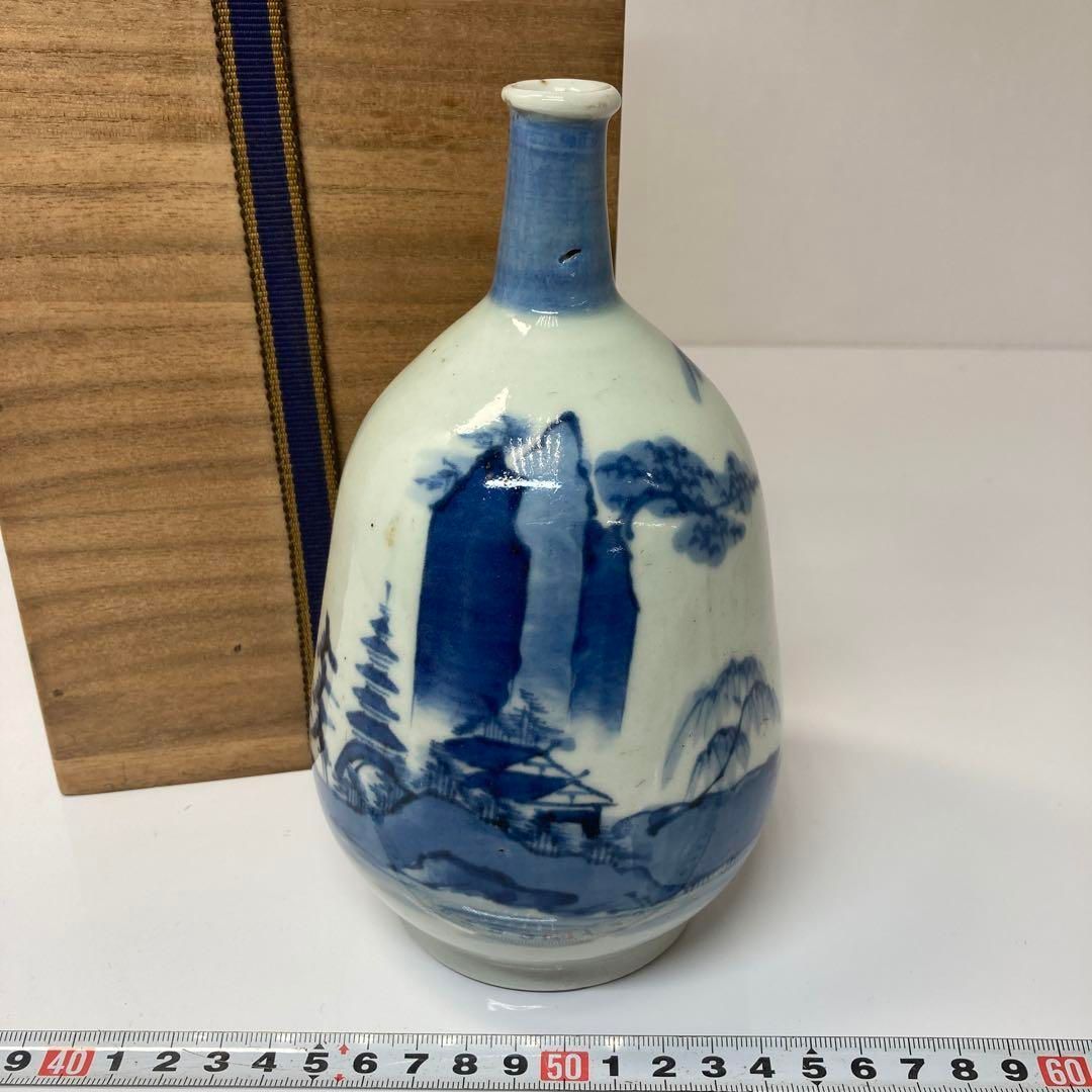 江戸中期 藍柿右衛門手 染付 風景画 徳利 トヒエカ 東さ6-0604