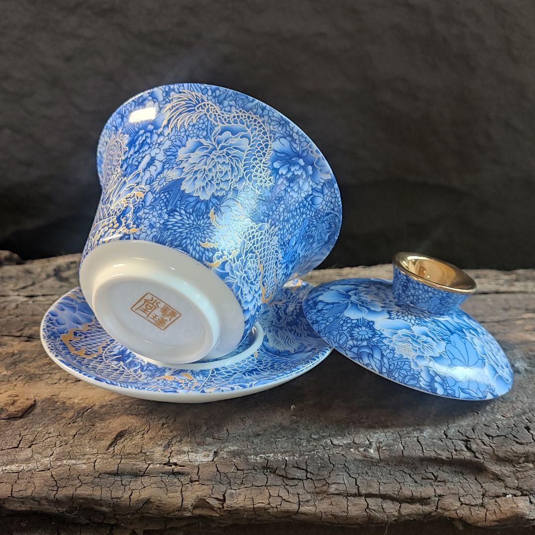 中国蓋碗磁器茶碗 陶器の青と白の蓋碗茶器セット(21) ホーム＆キッチン