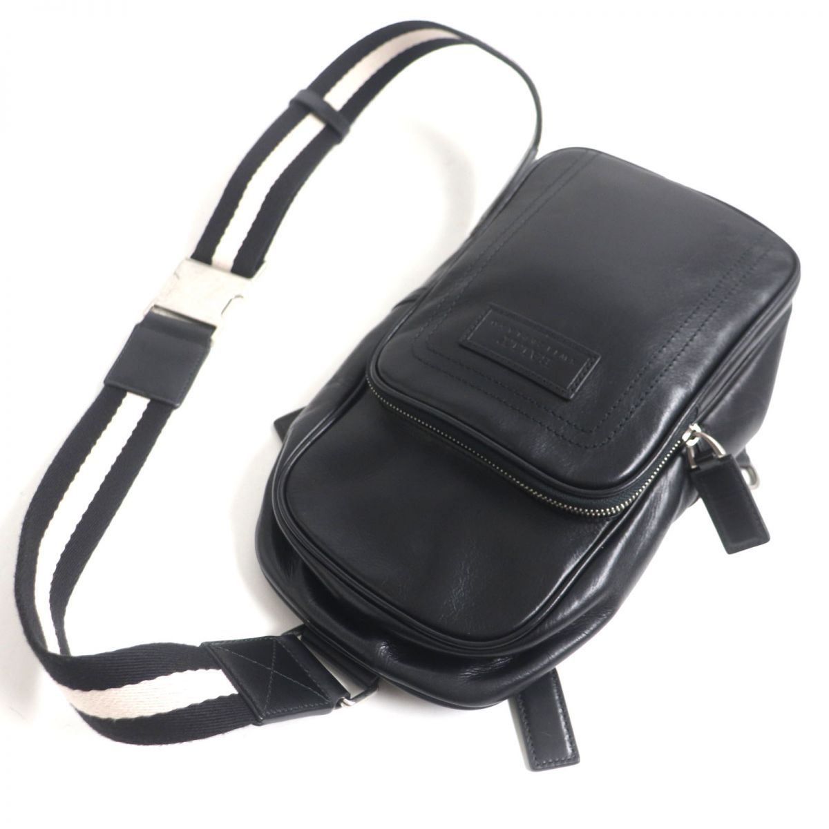 美品▽BALLY バリー THOMA/280 ロゴ刻印入り ストライプ レザー クロス 