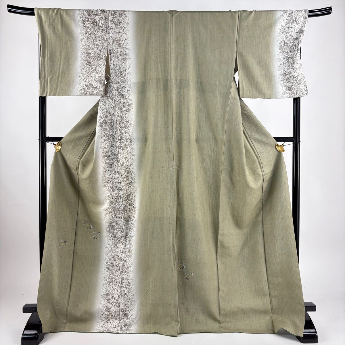 付下げ 身丈171.5cm 裄丈70cm L 袷 紬地 瓢箪 墨流し 金彩 ぼかし 灰緑  