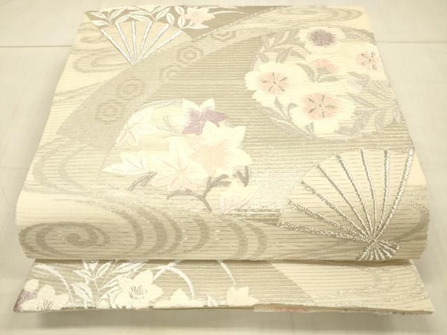 平和屋着物＊夏物 六通柄袋帯 唐織 舞扇草花文 銀糸 正絹 逸品