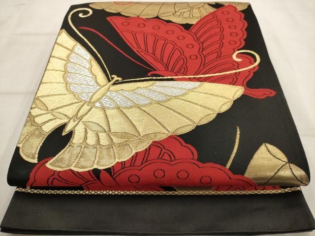 平和屋着物◎六通柄袋帯 舞蝶文 黒地 金銀糸 正絹 逸品