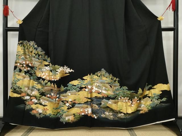 平和屋着物□豪華黒留袖 作家物 駒刺繍 人物風景文 純金箔
