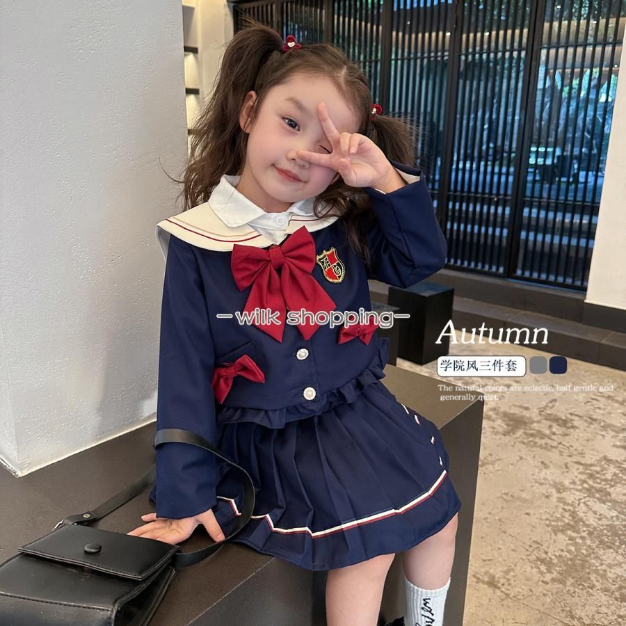 セーラー ２点セット 女の子 子供服 +フリルスカート 制服 長袖 リボン付き 可愛い カジュアル 洋服