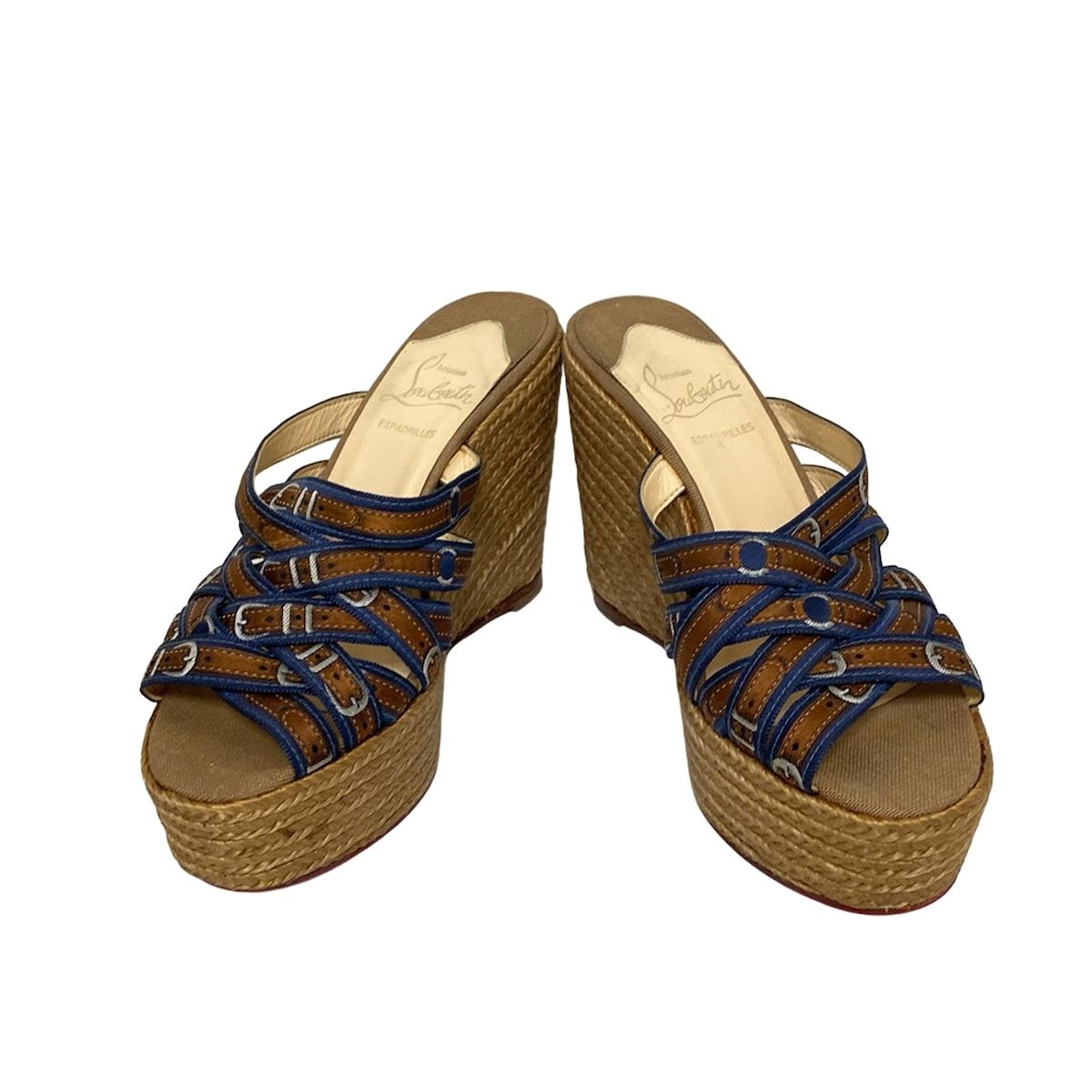クリスチャンルブタン ミュール 36 レディース - ブラウン×ダークネイビー×グレー 刺繍 エスパドリーユ ウェッジソール