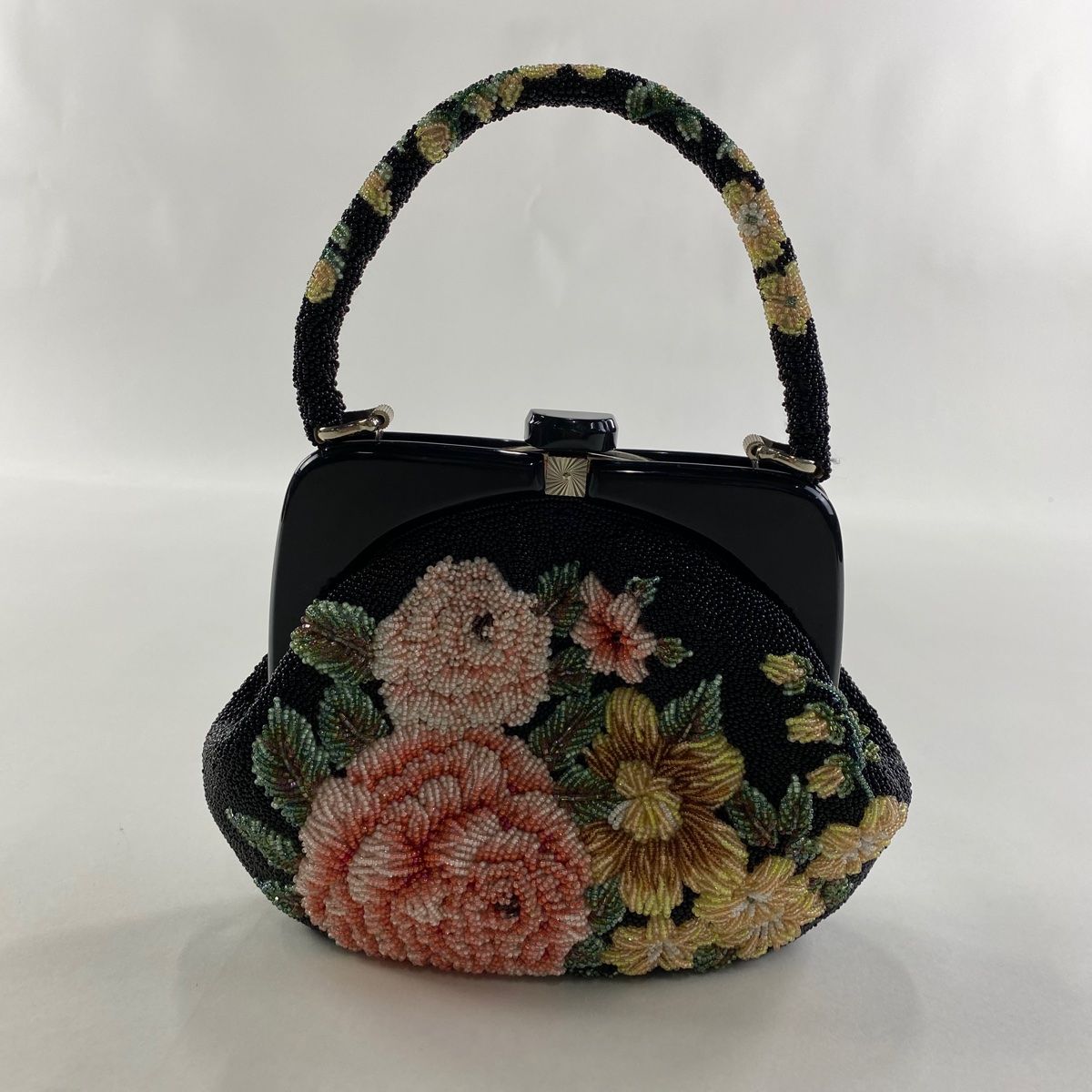 和装バッグ 名品 ビーズバッグフォーマル 草花 黒 ビーズ 和装小物