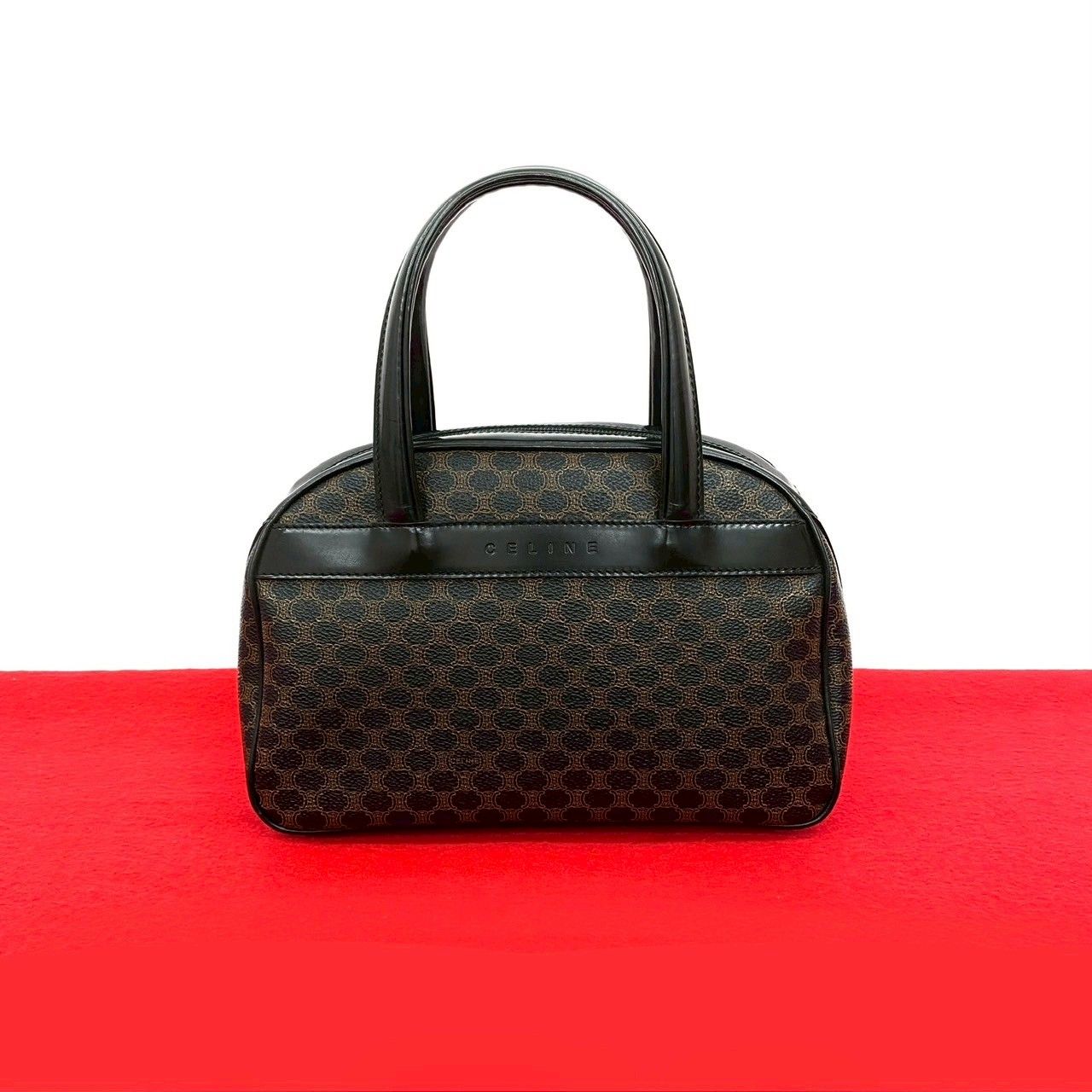 CELINE ミニボストンバッグ トリオンフ 黒 マカダム ハンドバッグ 美品】CELINE ミニボストンバッグ トリオンフ 黒 マカダム